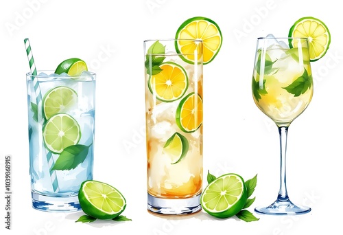 Hand drawn illustration of watercolor cocktails set. Painted isolated drink and food menu illustrations
