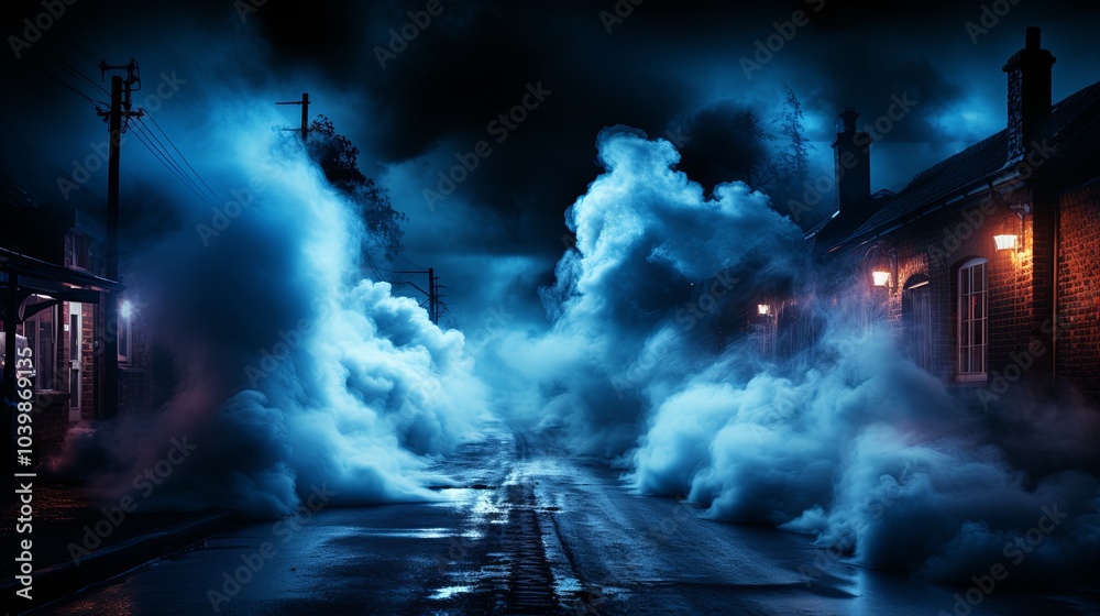 Mysterious Cityscape with Fog and Empty Road Mysterious Cityscape with Fog and Empty Road