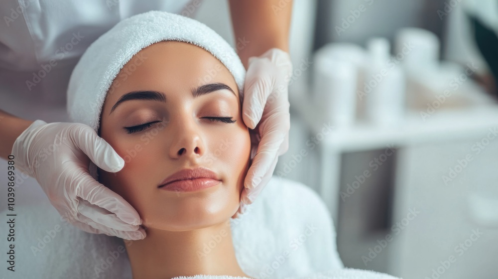 A woman receiving a facial treatment in a spa setting. A woman receiving a facial treatment in a spa setting.