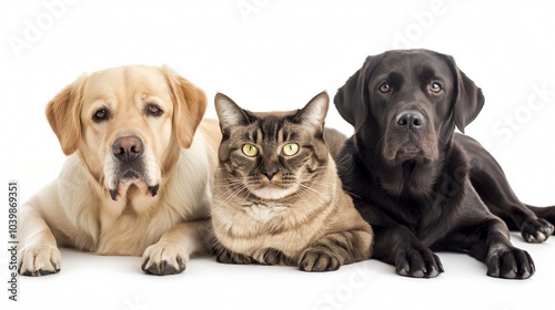 dogs and a cat are laying on a white background