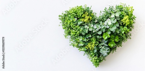 Green leaf heart on white background, with space for text. Ecology, Eco. Lush leaves absorb CO2. Nature's carbon sink. Concept of nature. Earth Day.