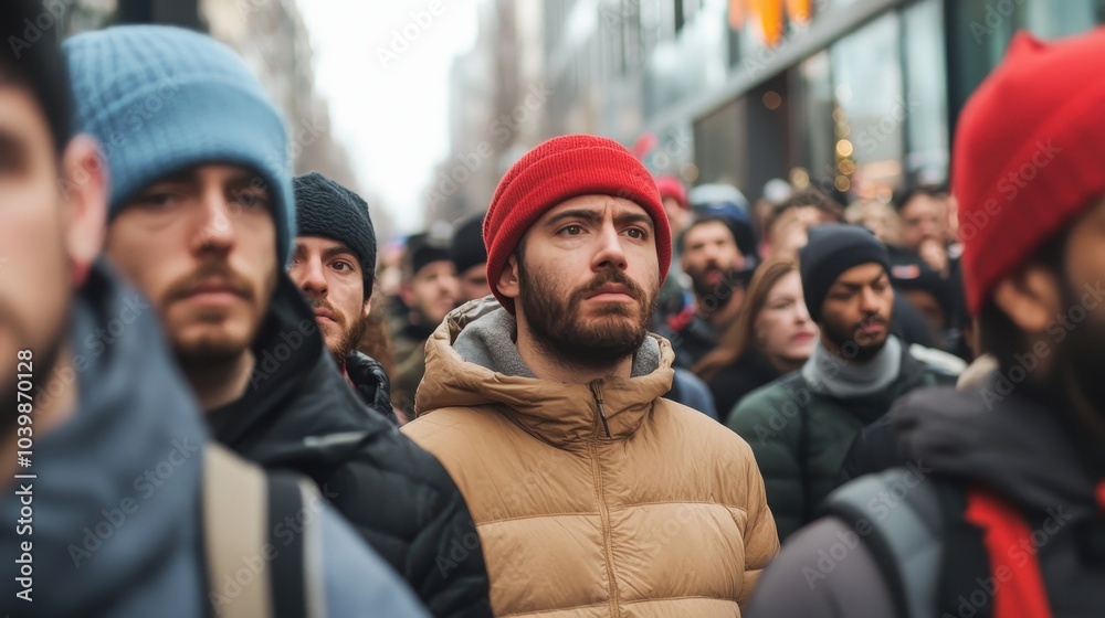 Fototapeta premium A crowd of people walking on a city street, showcasing diverse winter fashion, with a focus on a man in a brown jacket and red beanie.