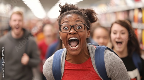 A vibrant and energetic scene featuring a woman laughing joyfully, surrounded by excited friends in an aisle, capturing a moment of pure happiness.