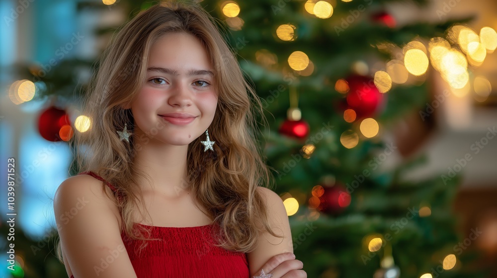 happy young girl wearing luxury pretty red dress smiling at home with Christmas tree as background happy young girl wearing luxury pretty red dress smiling at home with Christmas tree as background