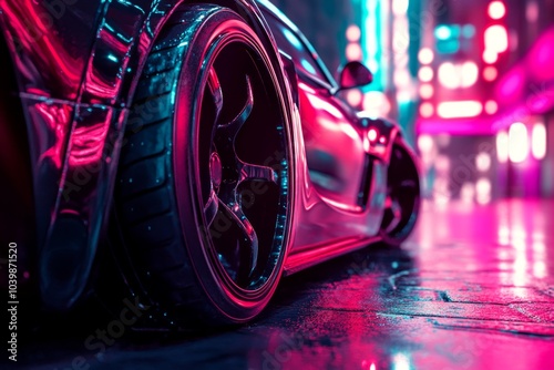 A sleek sports car showcases its powerful design. The vibrant neon lights reflect off its polished surface. This image captures urban style and automotive beauty. Generative AI photo