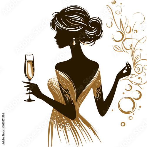 Luxury woman with champagne glass, elegant silhouette in gold, perfect for New Year's Eve and holiday celebrations, clipart PNG