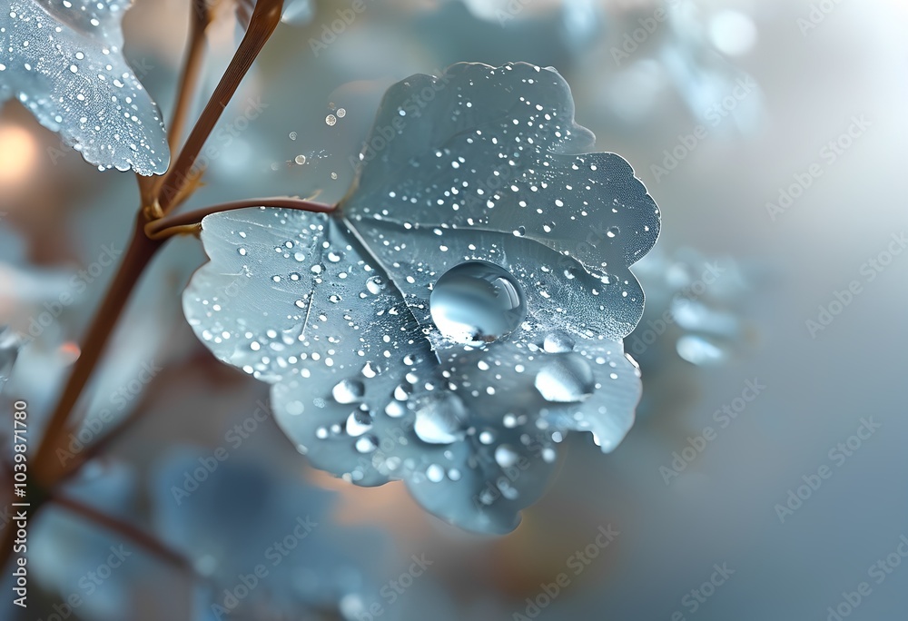 Fototapeta premium Luxury close-up of a frosty leaf with water droplets, perfect for winter-themed campaigns and nature-inspired designs