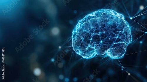 A futuristic representation of a brain, showcasing neural connections and glowing blue lights, on a dark background.