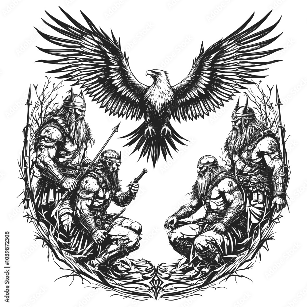 Obraz premium Viking Warriors and Eagle Detailed Fantasy Battle Scene Vector Art