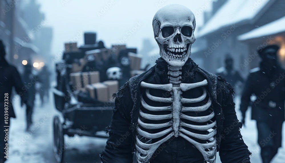 A skeleton figure in a snowy village setting, surrounded by mysterious characters and a horse-drawn cart.