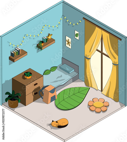 Isometric design of a teenager's or schoolchild's bedroom. A room with a bed, a chest of drawers, plants, a backpack and a cat.