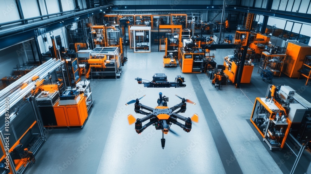 A cutting-edge drone assembly line, industrial facility with automated processes, Technological style