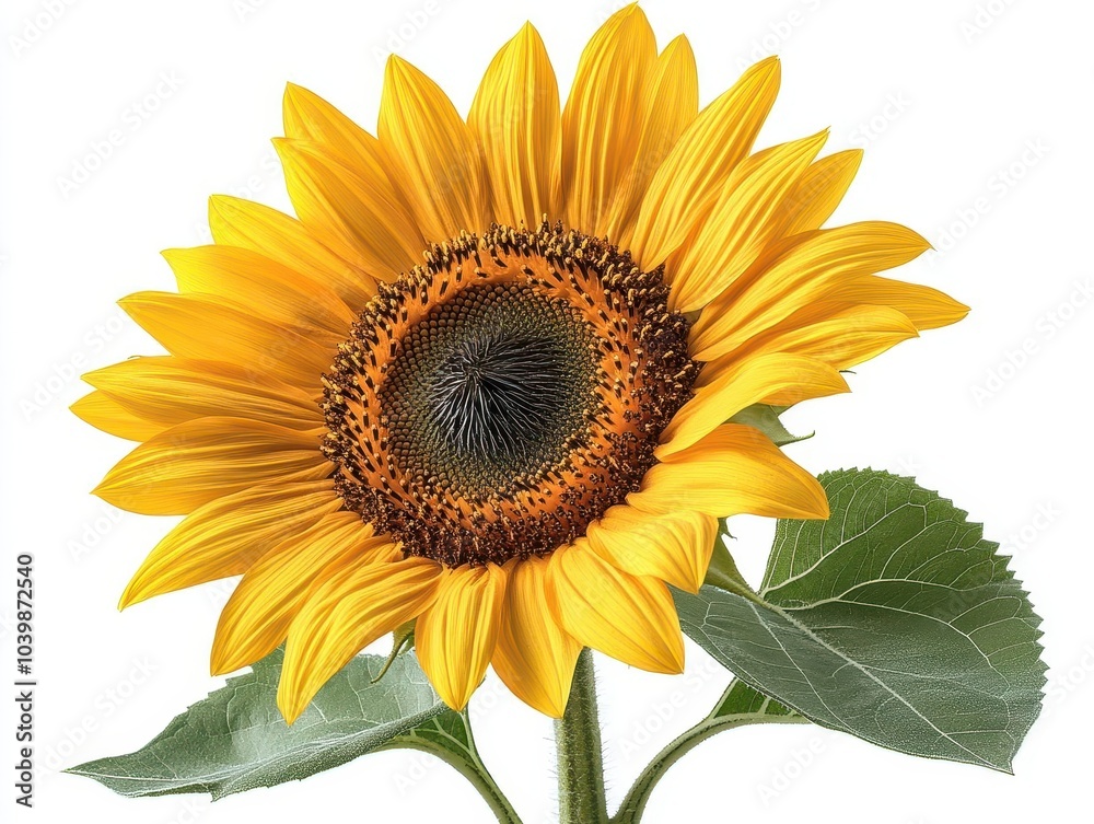 Obraz premium sunflower in full bloom, showcasing its vibrant yellow petals and dark center, isolated against a bright white background, highlighting its natural beauty and simplicity
