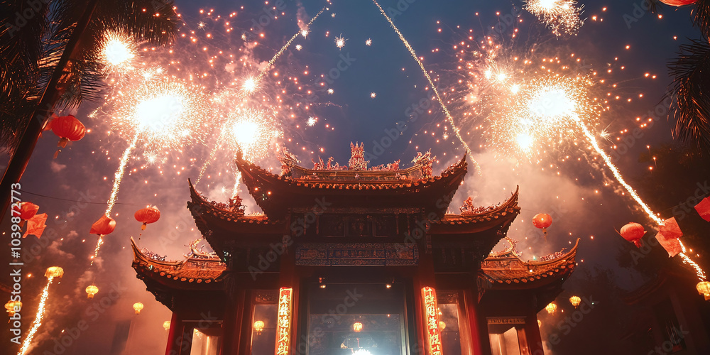 Fototapeta premium A stunning display of fireworks lights up the night sky over a traditional Chinese temple, symbolizing celebration and cultural heritage. Vibrant sparks illuminate the ornate architecture