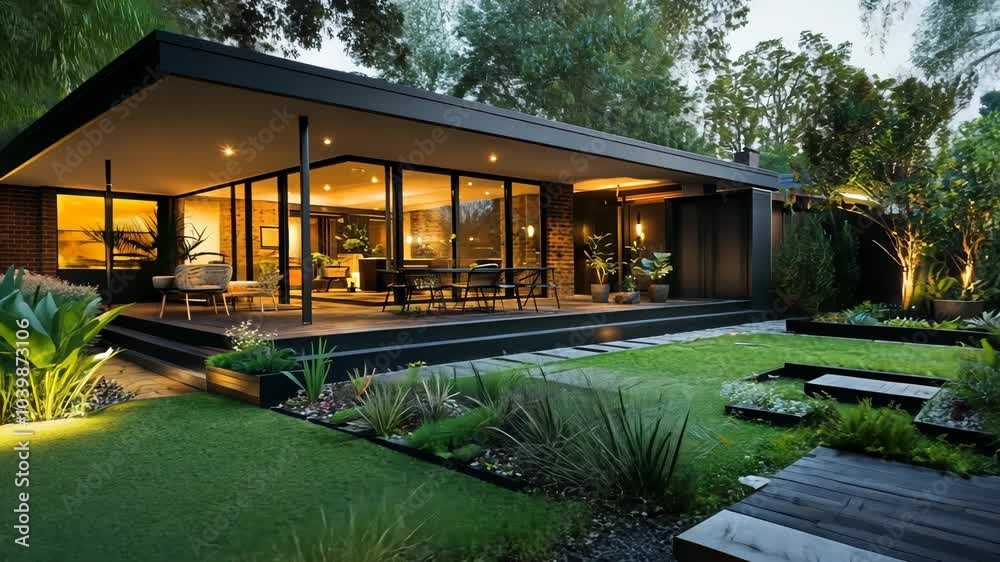 A modern home with a large patio and lush landscaping at dusk A modern home with a large patio and lush landscaping at dusk