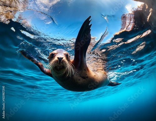 un león marino flotando en el mar photo