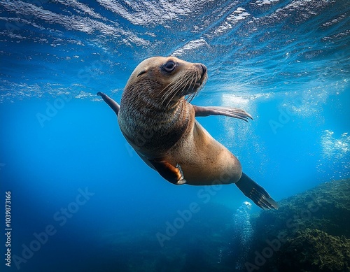 un león marino flotando en el mar photo