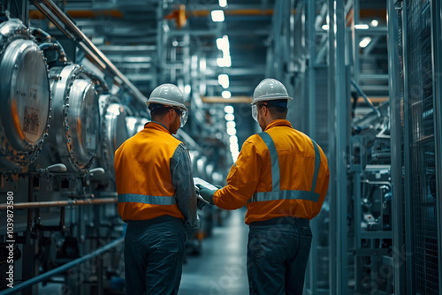 Workers discussing operations in an industrial facility at night