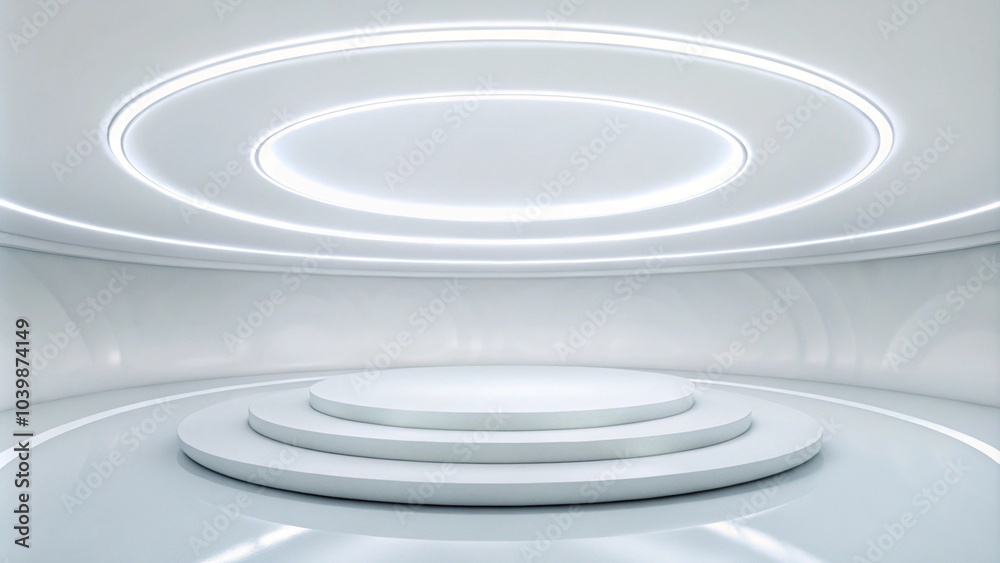 Obraz premium White minimalistic studio environment with bright lights and reflections 3d render illustration. white studio futuristic light interior with metallic reflections