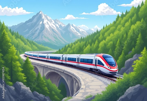 Train in high Alps mountains. Winter season