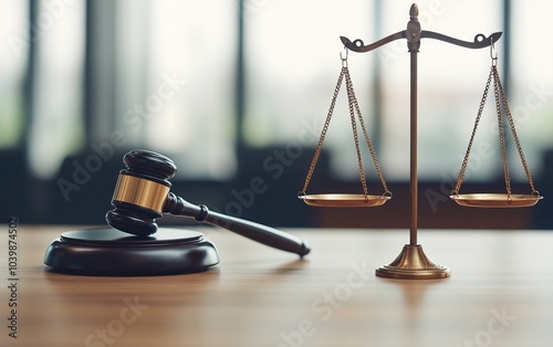 Gavel and scales of justice on a wooden table, symbolizing law and order, courtroom setting.