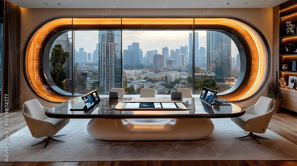 Fototapeta premium Futuristic boardroom meeting with business leaders analyzing data through AI dashboards