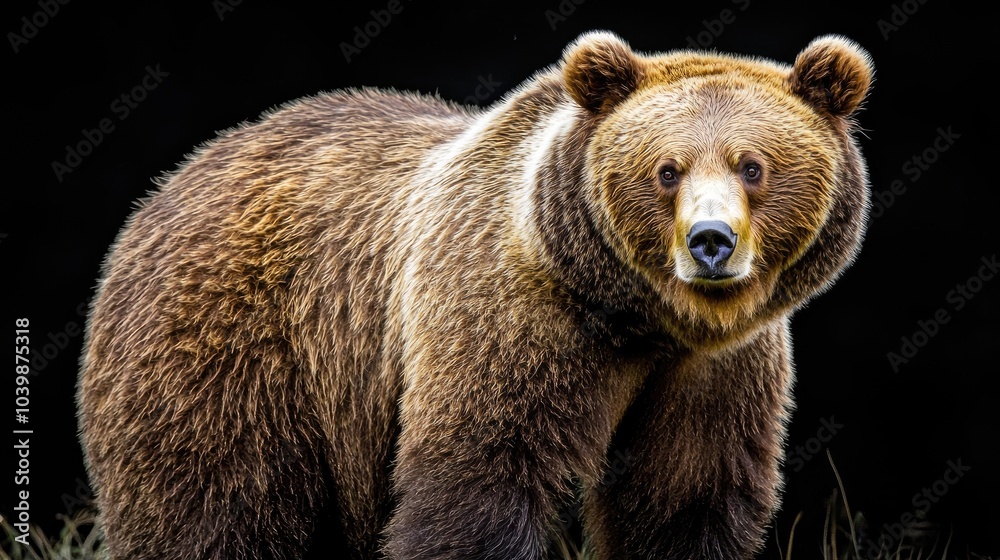 Fototapeta premium A large brown bear stands in front of a black background. It is looking directly at the camera.