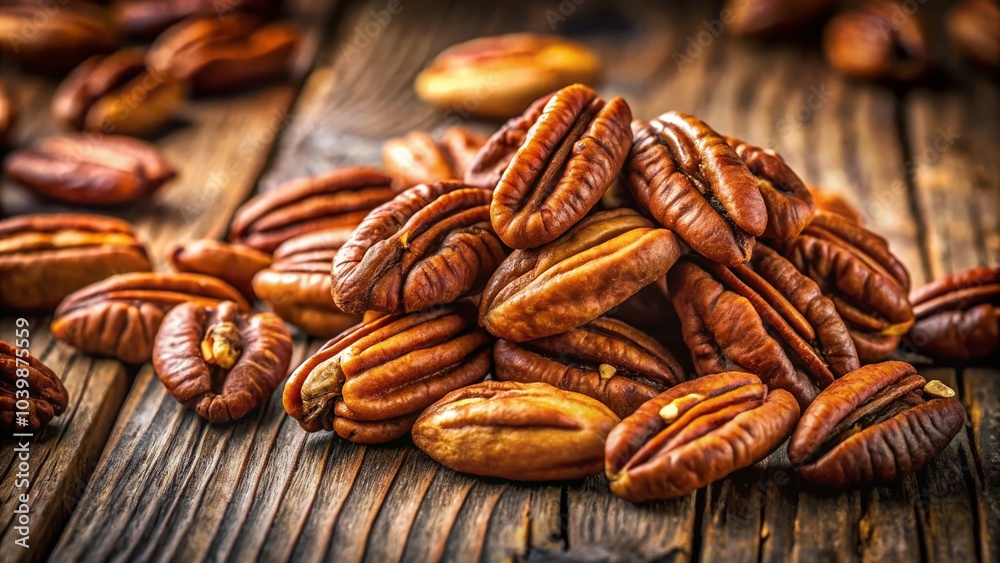 Close-up Pecan Nuts on Wooden Surface: Detailed Texture, Rich Colors for Natural Aesthetic and Visual Treats