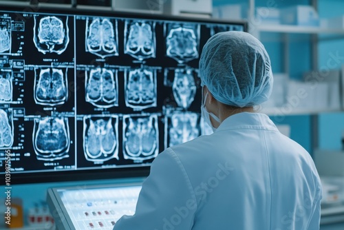 A doctor analyzing MRI scans on a digital screen in a modern medical facility, focusing on patient diagnostics and imaging technology.