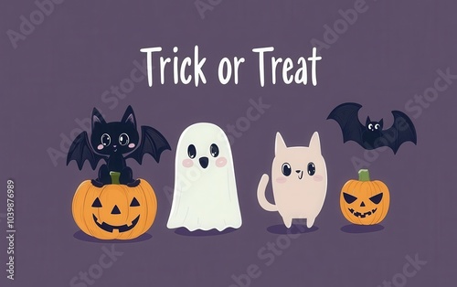 Trendy flat design Halloween cover with cute cartoon characters including a ghost, black cat, bat, and pumpkin, accompanied by "Trick or Treat" 