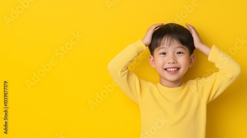 Asian boy hands on head 