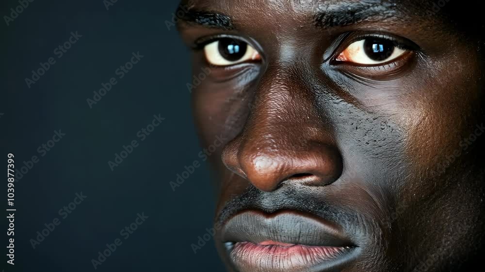 Close-Up Portrait African American Man's Face in Low-Light Setting with Emphasis on Eye, High-Resolution Detail of Skin Texture, Dramatic and Moody Lighting in Studio Photography Close-Up Portrait African American Man's Face in Low-Light Setting with Emphasis on Eye, High-Resolution Detail of Skin Texture, Dramatic and Moody Lighting in Studio Photography