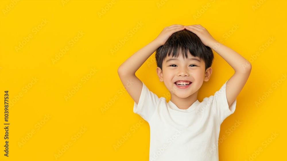 Asian boy hands on head 