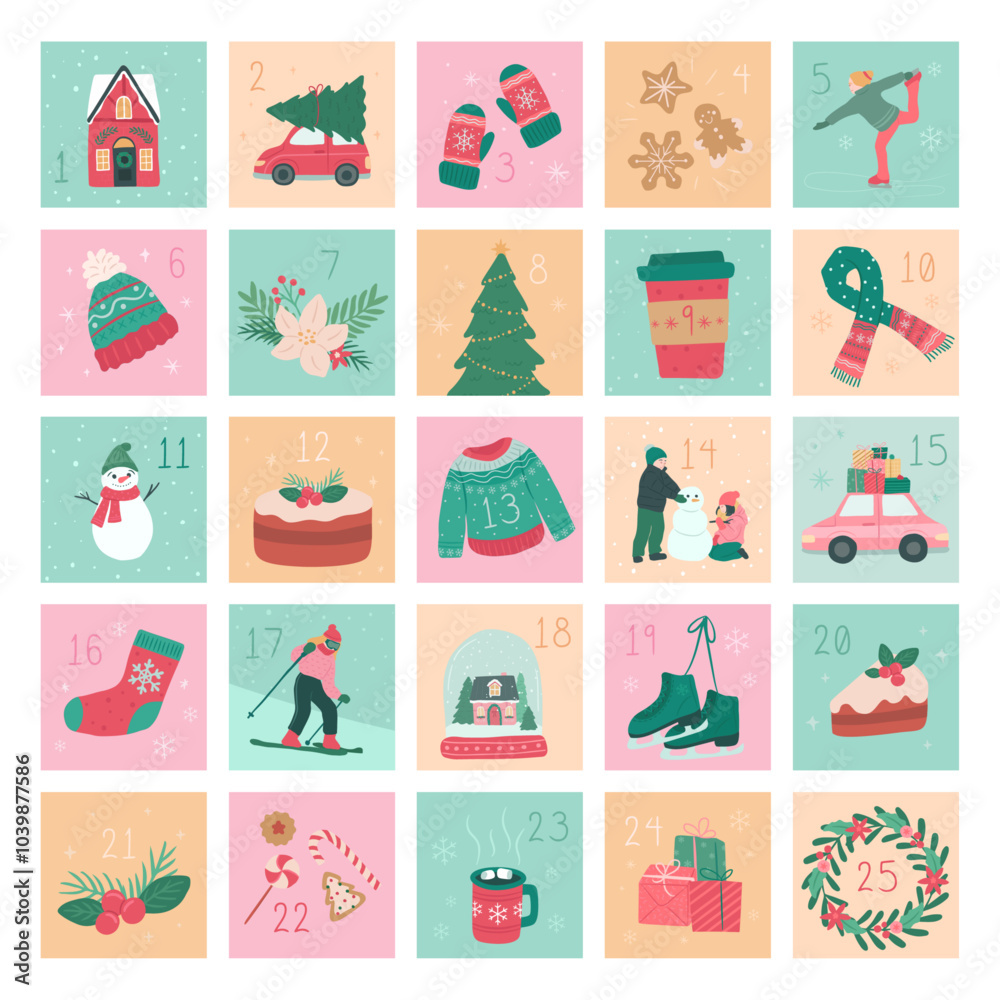 Fototapeta premium Collection of Winter Christmas calendar and countdown vector illustration