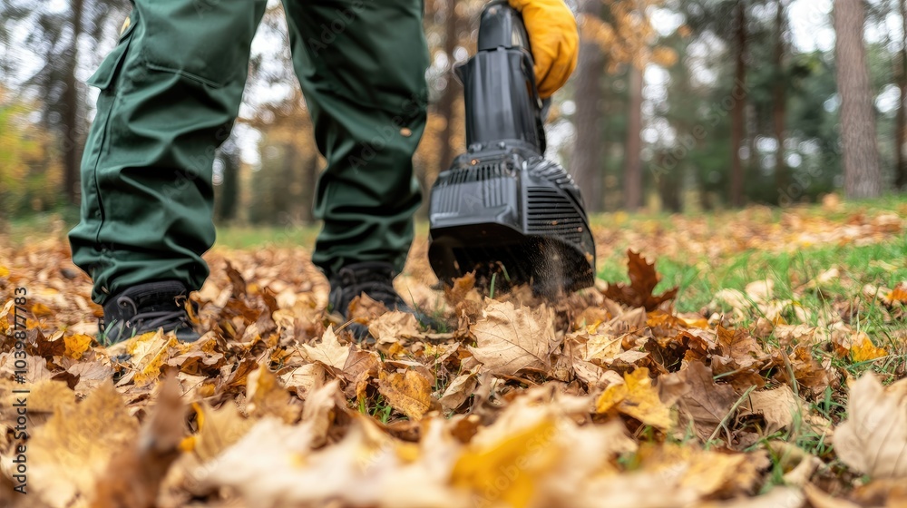A groundskeeper is actively blowing yellow autumn leaves in a park, with a blurred background of trees and a red kiosk A groundskeeper is actively blowing yellow autumn leaves in a park, with a blurred background of trees and a red kiosk