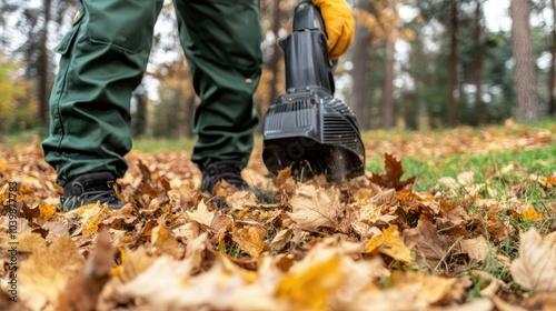 Wallpaper Mural A groundskeeper is actively blowing yellow autumn leaves in a park, with a blurred background of trees and a red kiosk Torontodigital.ca