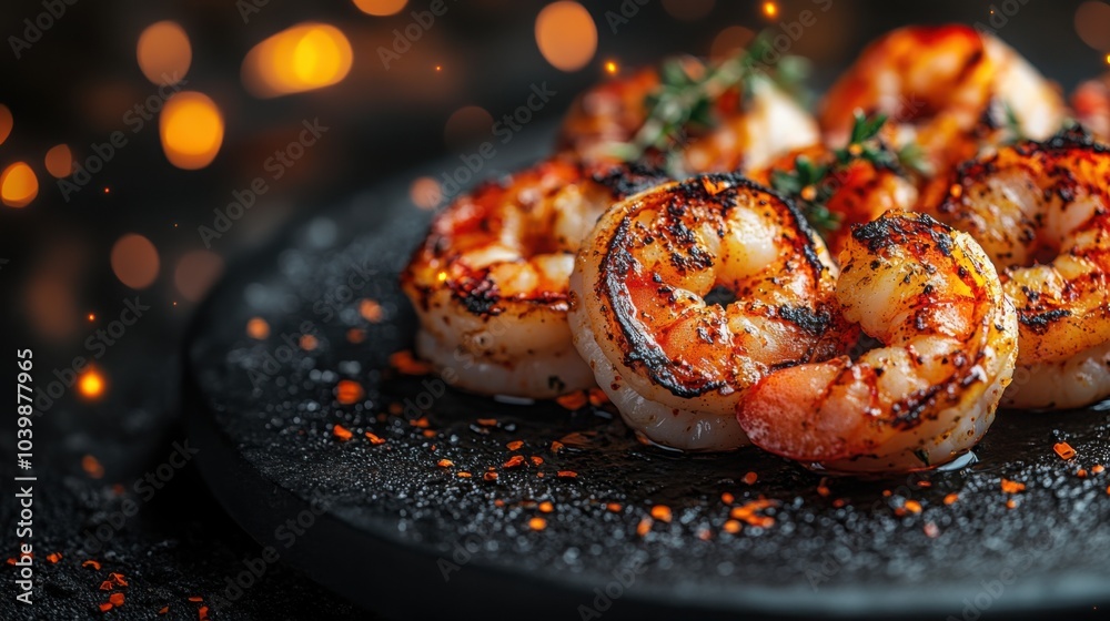 Deliciously Spicy Grilled Prawns Served on a Textured Black Plate Perfect for Gourmet Seafood Dishes Deliciously Spicy Grilled Prawns Served on a Textured Black Plate Perfect for Gourmet Seafood Dishes