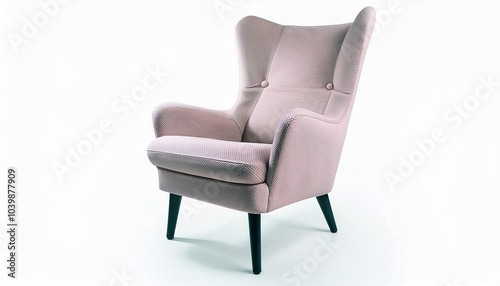 Elegant blush pink armchair, wingback design, button tufting, dark legs. Perfect for adding a touch of sophisticated comfort to any room.