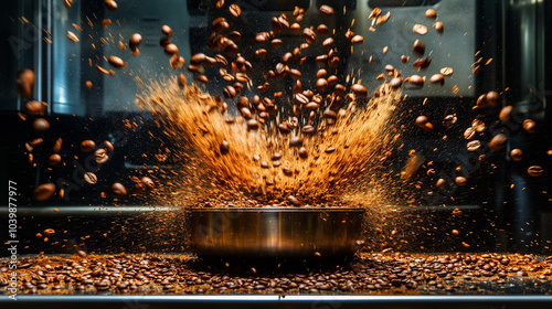 A high-speed capture of coffee beans exploding from a grinder, with dynamic motion and rich textures. The beans and coffee grounds scatter dramatically in a burst of energy. photo