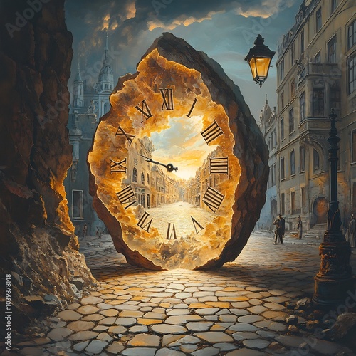 Surreal open geode crystal sits in the center of an 18thcentury street Roman numerals on the edge form a clock face A cobblestone path leads inside to a vibrant futuristic city in warm golden light photo