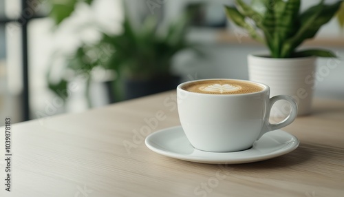 A latte in a white cup on a wooden table with a background of plants.