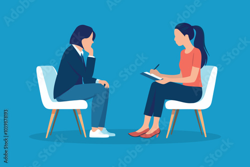  Girl consulting with psychologist, psychiatrist while patient counseling mental with doctor hand taking notes at clinic. Encouraging, therapy isolated flat vector illustration.