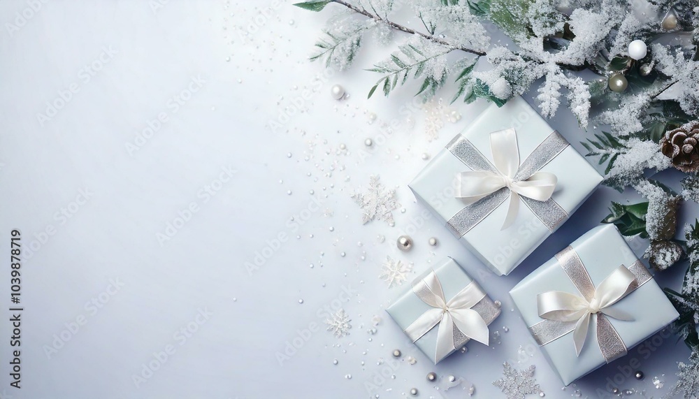 Snow covered evergreen branches and Christmas presents on white background with copy space 