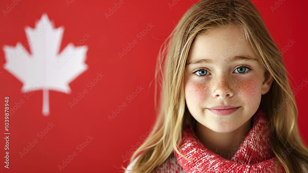 Portrait of a Young Girl with Freckles in Red Scarf Against Canadian Flag Background. Canada Day Concept. Portrait of a Young Girl with Freckles in Red Scarf Against Canadian Flag Background. Canada Day Concept.