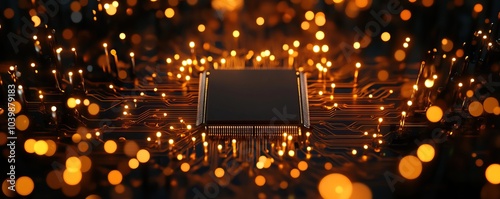 Close-up of a microchip surrounded by glowing circuits on a dark background.