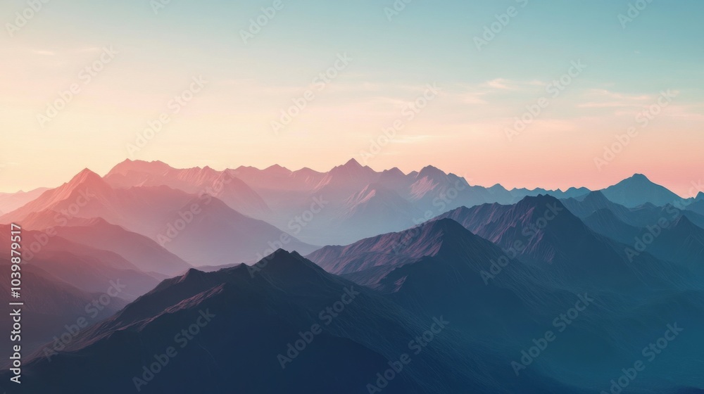 Serene mountain landscape at dawn with soft pastel hues. Serene mountain landscape at dawn with soft pastel hues.