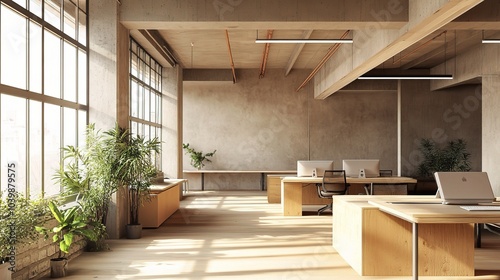 Modern Office Interior with Natural Light and Plants