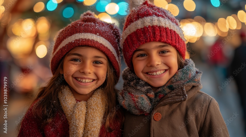 happy young girl and boy smiling together at outdoor town street with glitter glow bokeh light, happy Christmas time or New year night happy young girl and boy smiling together at outdoor town street with glitter glow bokeh light, happy Christmas time or New year night