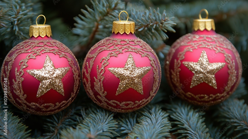 close up red green Christmas baubles hanging on tree with copy space and blink glitter glow light background close up red green Christmas baubles hanging on tree with copy space and blink glitter glow light background