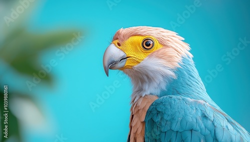 Close up of a crested caracara bird with blue and orange feathers against a blue background. photo